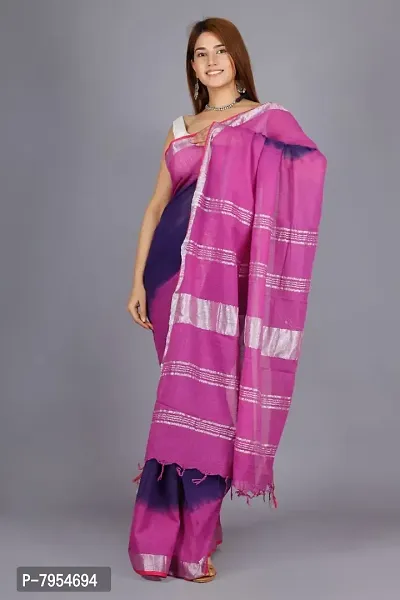 Linen Blend Tie & Dye Multicolor Saree with Blouse Pcs (Purple_Blue, Linen)-thumb5