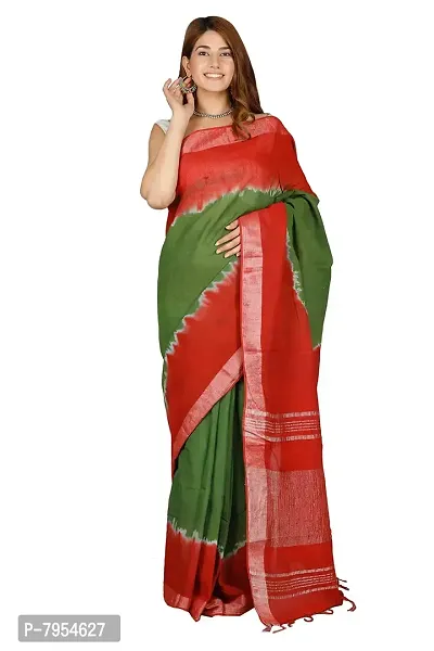 Linen Blend Tie & Dye Multicolor Saree with Blouse Pcs (Green_Red, Linen)