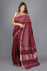 Linen Blend Solid Zari Border Sari with Blouse (Brown, Linen)-thumb2