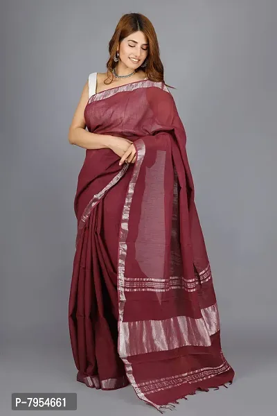 Linen Blend Solid Zari Border Sari with Blouse (Brown, Linen)-thumb3