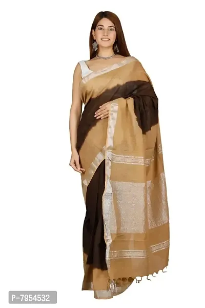 Linen Blend Tie & Dye Multicolor Saree with Blouse Pcs (Brown_Beige, Linen)