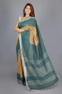 Linen Blend Tie & Dye Multicolor Saree with Blouse Pcs (Beige_LightGreen, Linen)-thumb2