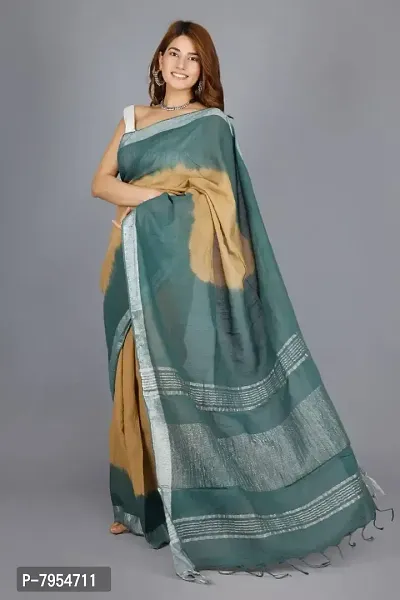 Linen Blend Tie & Dye Multicolor Saree with Blouse Pcs (Beige_LightGreen, Linen)-thumb3