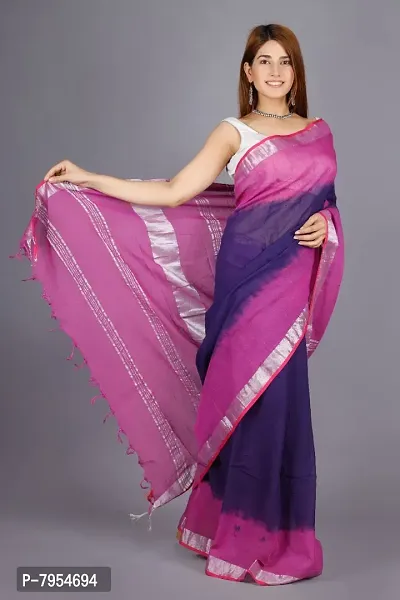 Linen Blend Tie & Dye Multicolor Saree with Blouse Pcs (Purple_Blue, Linen)-thumb3