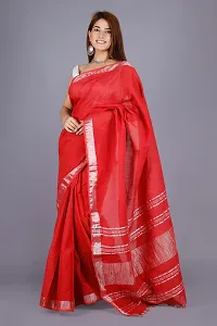 Linen Blend Solid Zari Border Sari with Blouse (Red, Linen)-thumb1