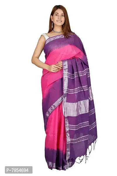 Linen Blend Tie & Dye Multicolor Saree with Blouse Pcs (Purple_Blue, Linen)