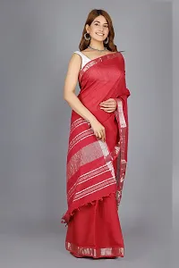 Linen Blend Solid Zari Border Sari with Blouse (Maroon, Linen)-thumb1