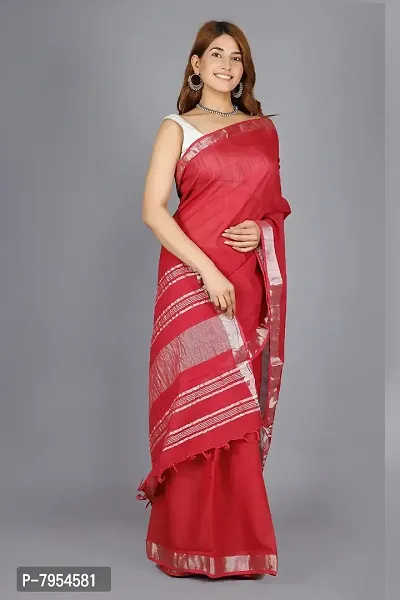 Linen Blend Solid Zari Border Sari with Blouse (Maroon, Linen)-thumb2