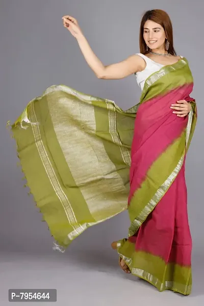 Linen Blend Tie & Dye Multicolor Saree with Blouse Pcs (Wine_Olive, Linen)-thumb5