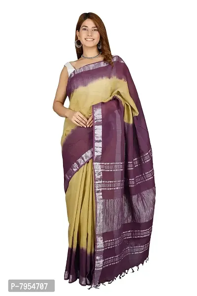 Linen Blend Tie & Dye Multicolor Saree with Blouse Pcs (Beige_Purple, Linen)