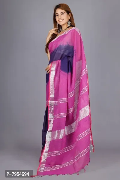 Linen Blend Tie & Dye Multicolor Saree with Blouse Pcs (Purple_Blue, Linen)-thumb4