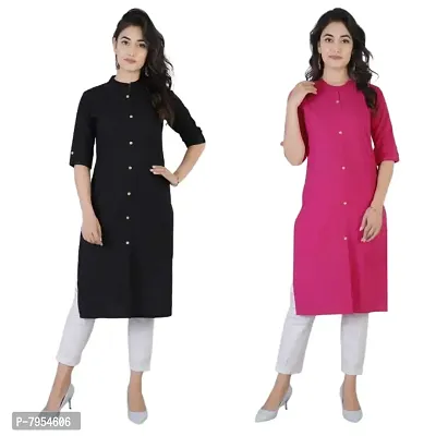 Women Kurta Cotton Straight Kurti Combo Set for Women and Girls Round Neck (Color-Black Pink, Size, M Pack of 2)