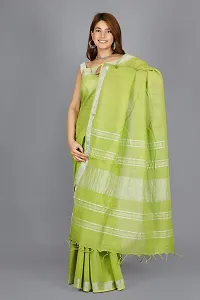 Linen Blend Solid Zari Border Sari with Blouse (Olive, Linen)-thumb2