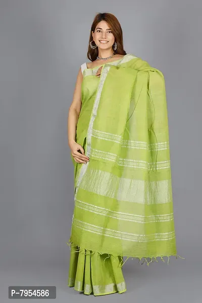 Linen Blend Solid Zari Border Sari with Blouse (Olive, Linen)-thumb3