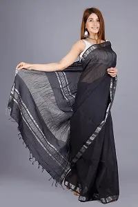 Linen Blend Solid Zari Border Sari with Blouse (Black, Linen)-thumb2