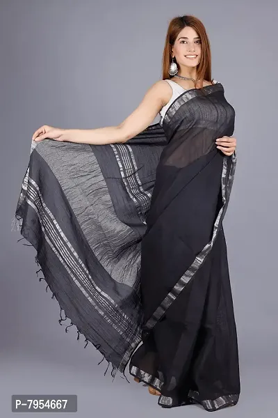 Linen Blend Solid Zari Border Sari with Blouse (Black, Linen)-thumb3