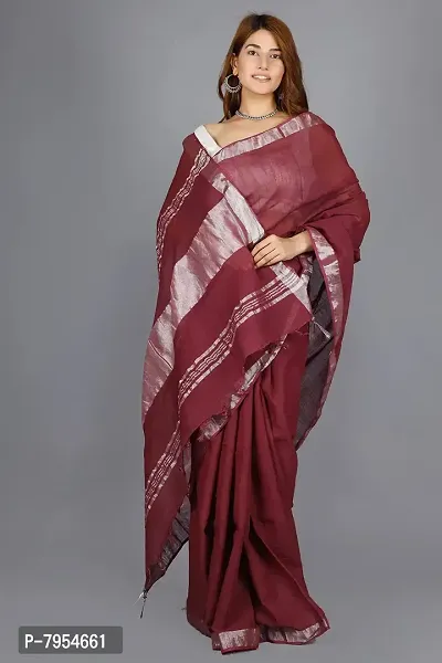 Linen Blend Solid Zari Border Sari with Blouse (Brown, Linen)-thumb2