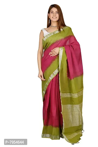 Linen Blend Tie & Dye Multicolor Saree with Blouse Pcs (Wine_Olive, Linen)