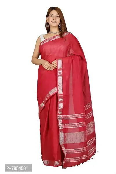 Linen Blend Solid Zari Border Sari with Blouse (Maroon, Linen)