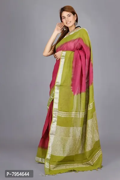 Linen Blend Tie & Dye Multicolor Saree with Blouse Pcs (Wine_Olive, Linen)-thumb3