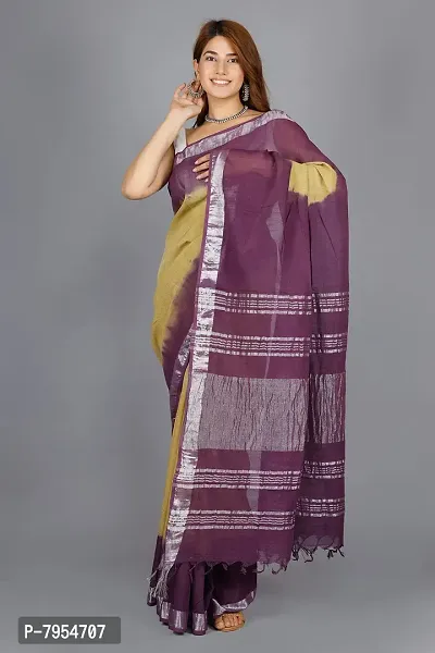 Linen Blend Tie & Dye Multicolor Saree with Blouse Pcs (Beige_Purple, Linen)-thumb3