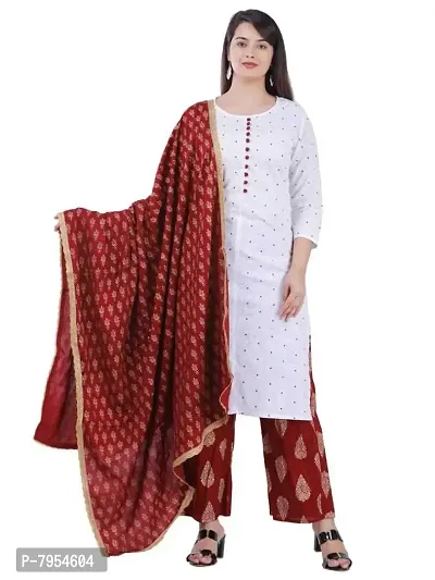 Women's Rayon Kurti  Palazzo with Dupatta Set (MC-POLKA-M_White_Medium)-thumb0