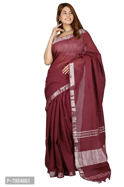 Linen Blend Solid Zari Border Sari with Blouse (Brown, Linen)-thumb0