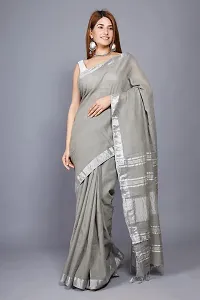 Linen Blend Solid Zari Border Sari with Blouse (Grey, Linen)-thumb1