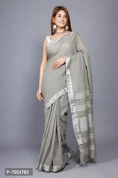 Linen Blend Solid Zari Border Sari with Blouse (Grey, Linen)-thumb2