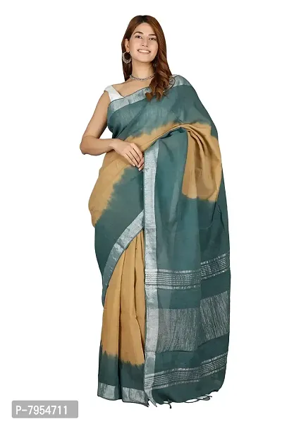 Linen Blend Tie & Dye Multicolor Saree with Blouse Pcs (Beige_LightGreen, Linen)