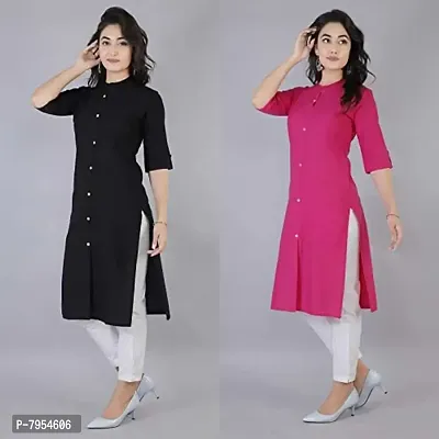 Women Kurta Cotton Straight Kurti Combo Set for Women and Girls Round Neck (Color-Black Pink, Size, M Pack of 2)-thumb3