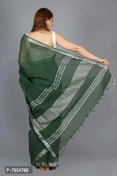 Linen Blend Solid Zari Border Sari with Blouse (Green, Linen)-thumb3