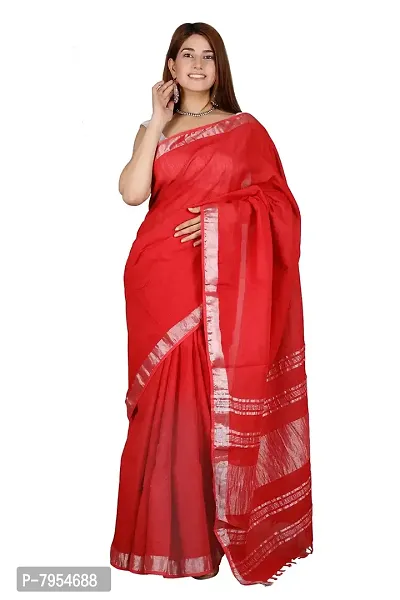 Linen Blend Solid Zari Border Sari with Blouse (Tomato Red, Linen)