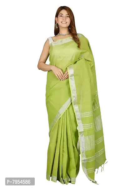 Linen Blend Solid Zari Border Sari with Blouse (Olive, Linen)