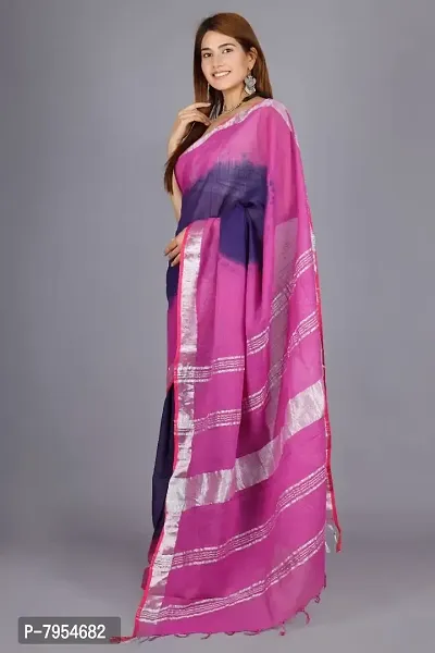 Linen Blend Tie & Dye Multicolor Saree with Blouse Pcs (Blue_Purple, Linen)-thumb2