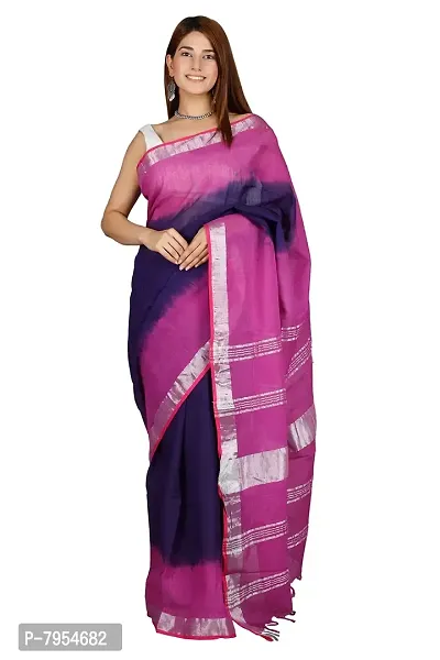 Linen Blend Tie & Dye Multicolor Saree with Blouse Pcs (Blue_Purple, Linen)