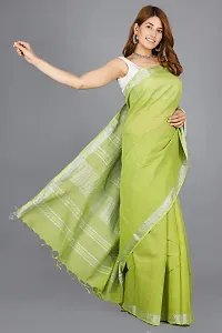 Linen Blend Solid Zari Border Sari with Blouse (Olive, Linen)-thumb1