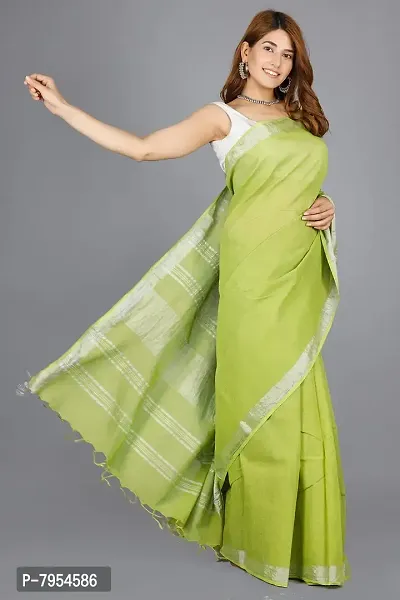 Linen Blend Solid Zari Border Sari with Blouse (Olive, Linen)-thumb2