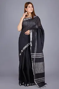 Linen Blend Solid Zari Border Sari with Blouse (Black, Linen)-thumb1