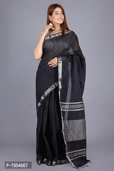 Linen Blend Solid Zari Border Sari with Blouse (Black, Linen)-thumb2