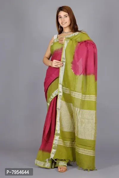 Linen Blend Tie & Dye Multicolor Saree with Blouse Pcs (Wine_Olive, Linen)-thumb4