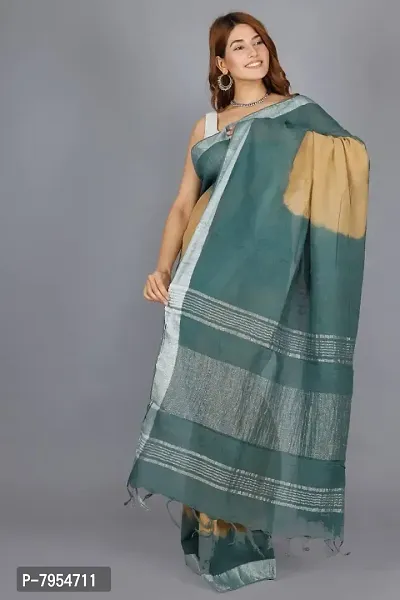 Linen Blend Tie & Dye Multicolor Saree with Blouse Pcs (Beige_LightGreen, Linen)-thumb4