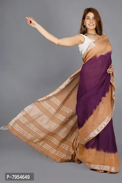 Linen Blend Tie & Dye Multicolor Saree with Blouse Pcs (Purple_Beige, Linen)-thumb3