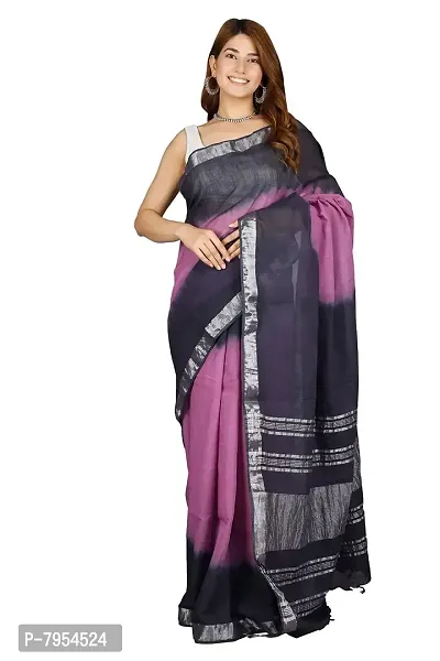 Linen Blend Tie & Dye Multicolor Saree with Blouse Pcs (Purple_NavyBlue, Linen)