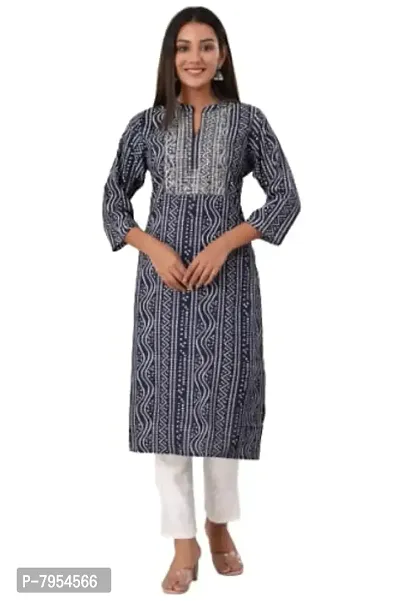 Woman Rayon Bandej Bandhani Print Kurti with Straight Pants (42, Navy Blue)