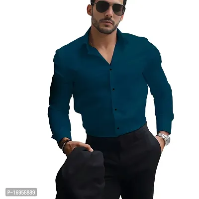 Zalora Lifestyle Teal Cotton Solid Long Sleeves Casual Shirts For Men-thumb0