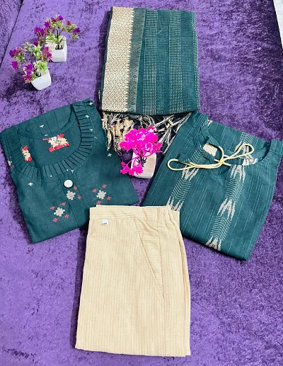 Stylish Green Khadi Cotton 2 Pcs Kurta With 1 Bottom And 1 Dupatta Set For Women Combo