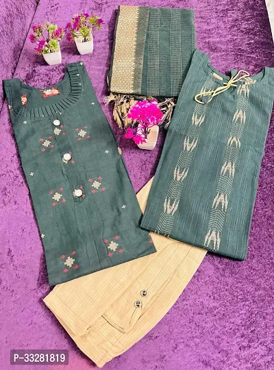 Stylish Green Khadi Cotton 2 Pcs Kurta With 1 Bottom And 1 Dupatta Set For Women Combo-thumb0