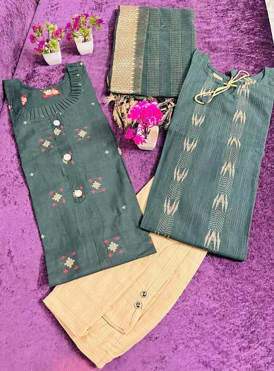 Stylish Green Khadi Cotton 2 Pcs Kurta With 1 Bottom And 1 Dupatta Set For Women Combo