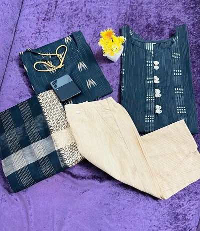 Stylish Green Khadi Cotton 2 Pcs Kurta With 1 Bottom And 1 Dupatta Set For Women Combo